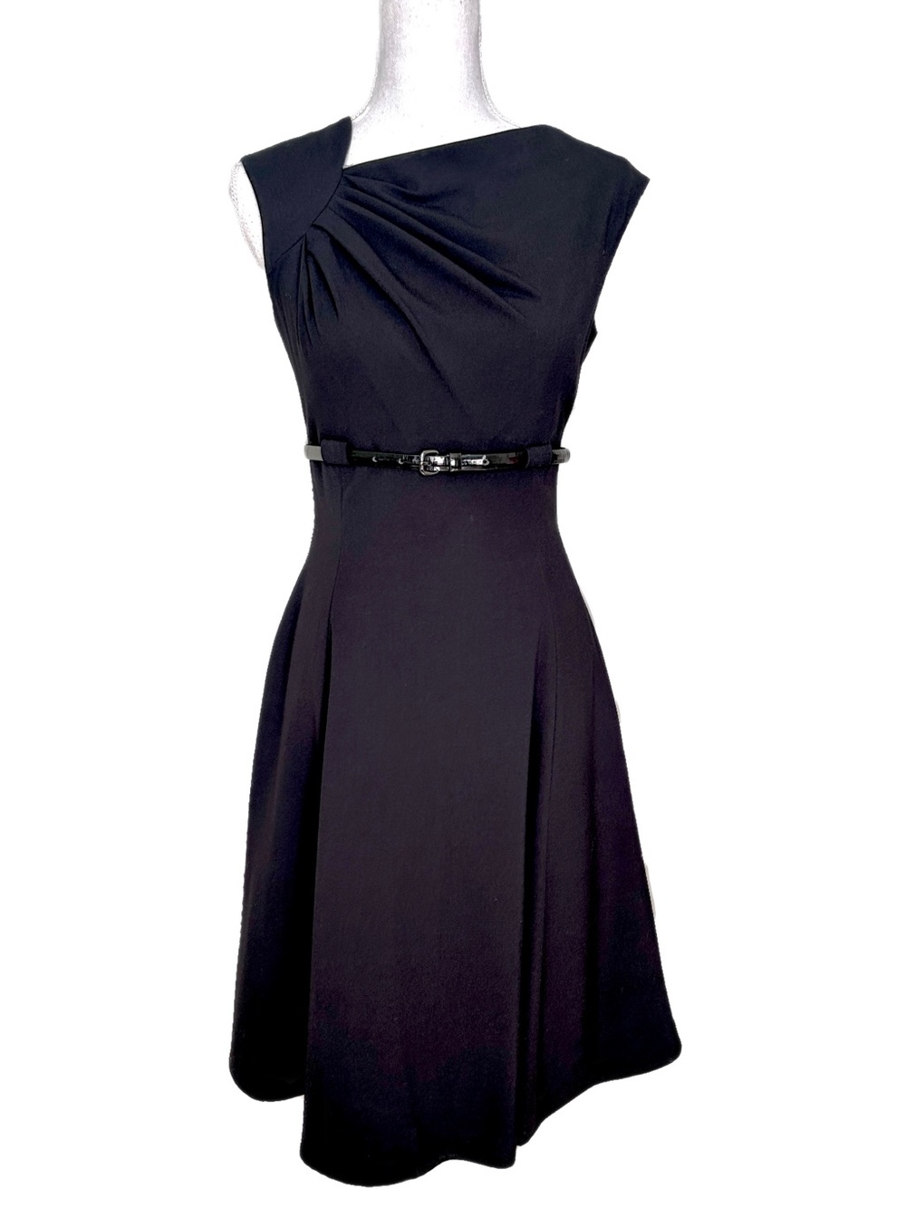 Calvin Klein Dress Black Asymmetrical Pleated Neckline Fit & Flare 4 Midi